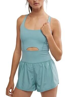 Free People Movement Righteous Runsie Romper Eucalyptus Green Blue Medium NEW